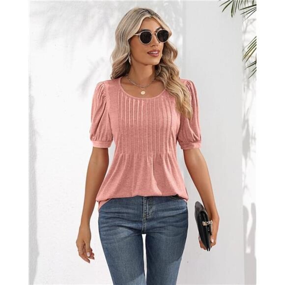 Women's Puff Short Sleeve Tunic Tops Pleated Crew Neck Blouses Casual Loose - Picture 4 of 6